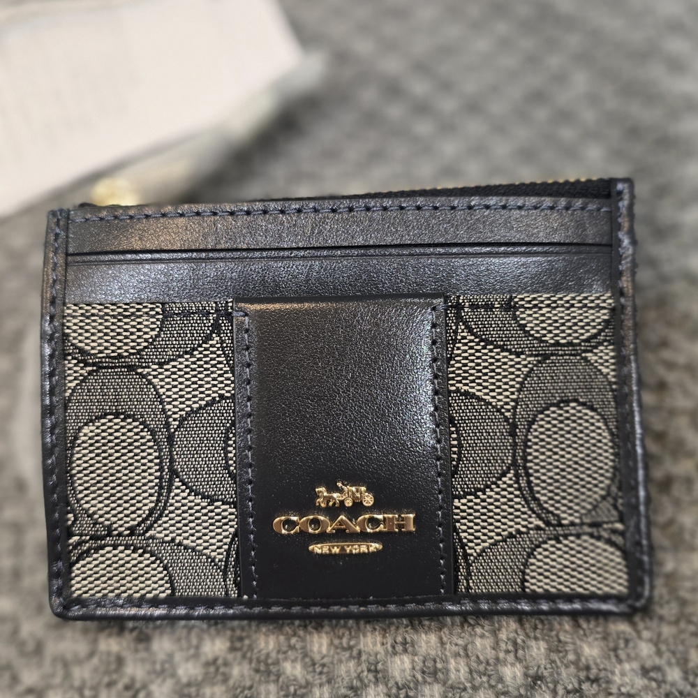 Coach Black Leather and Gray Card Case with Gold Zip